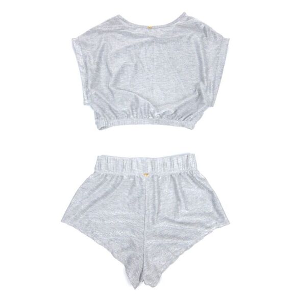 NEW Herbert Twins PQ Swim Metallic Crop Top Shorts Cover Up Lounge Set in Silver - Picture 7 of 10